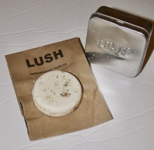 On the left, a round beige shampoo bar sitting on a brown paper bag, on the right a closed metal tin sitting upright.