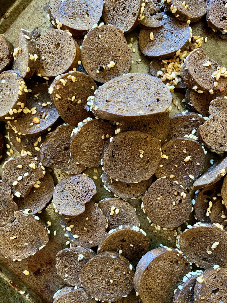 Pumpernickel Chips on a cookie sheet