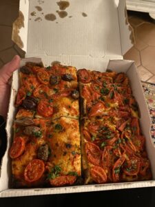 Roman Pizza which without cheese is vegan, from Pizzeria Romana al Taglio in Rome
